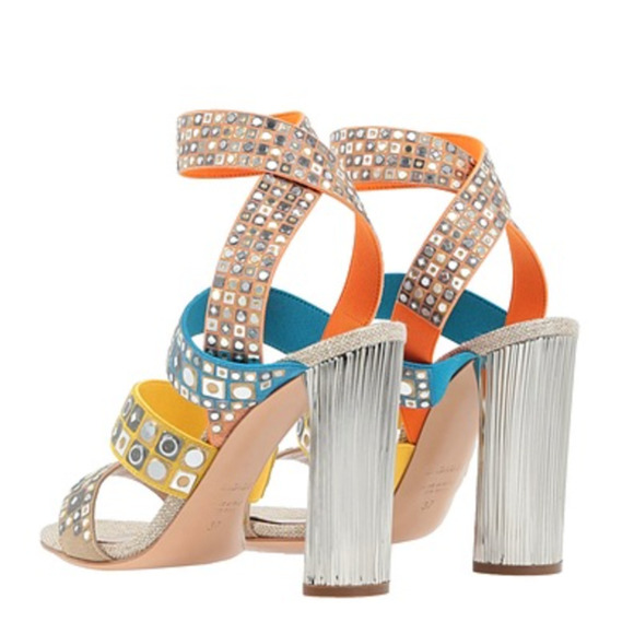 Casadei NWT Babilonia Made in Italy Silver & Multi-Color Chunky Heel Sandals 7 - Picture 3 of 16
